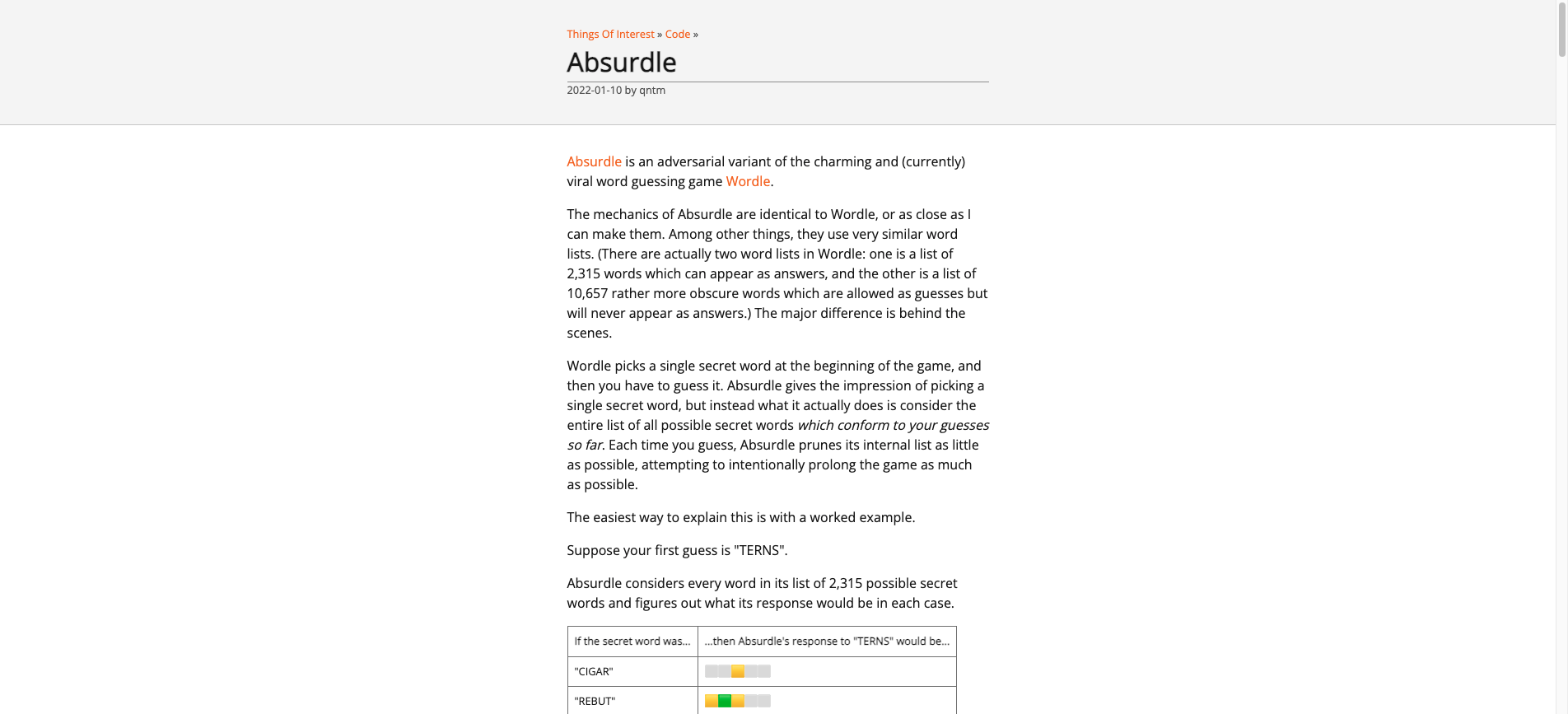 Screenshot of the Absurdle game interface