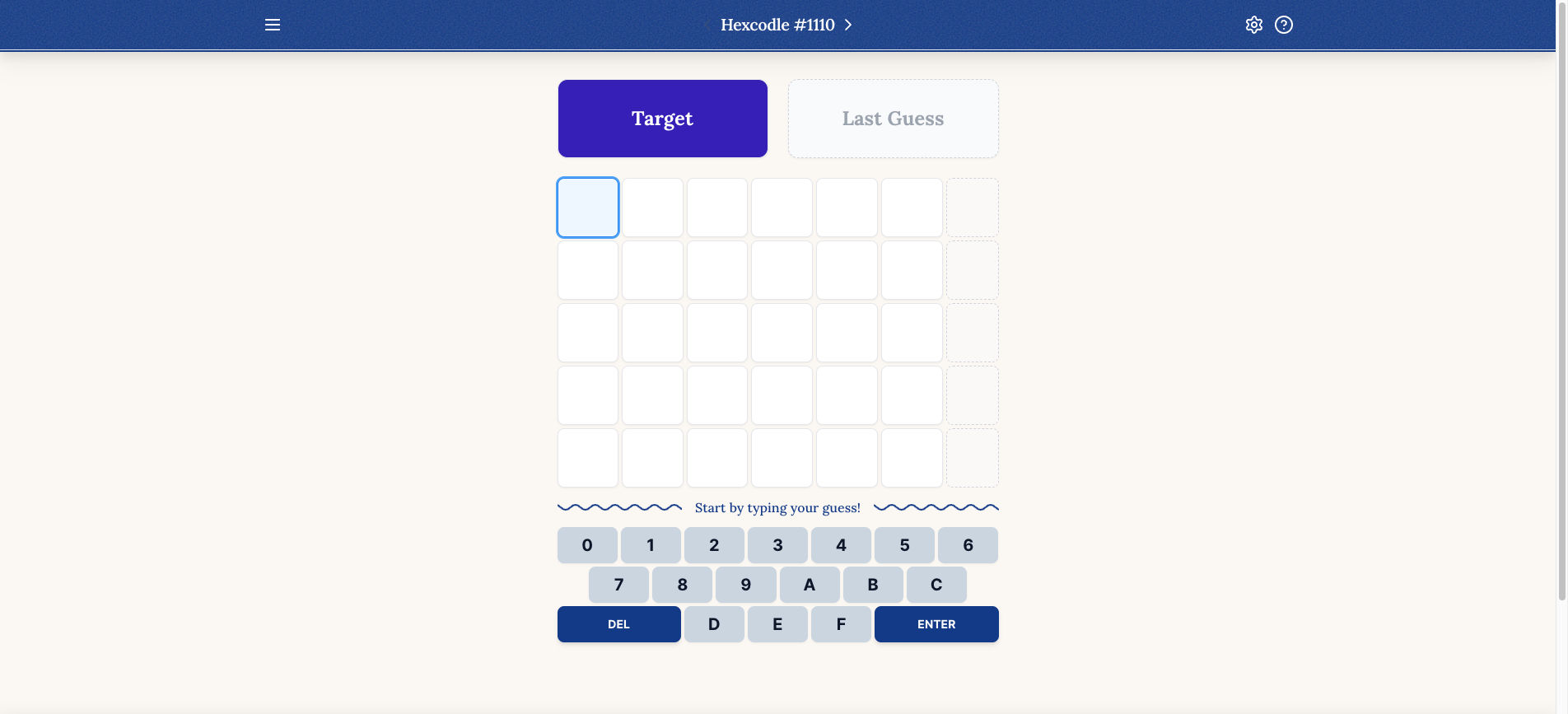 Screenshot of the Hexcodle game interface