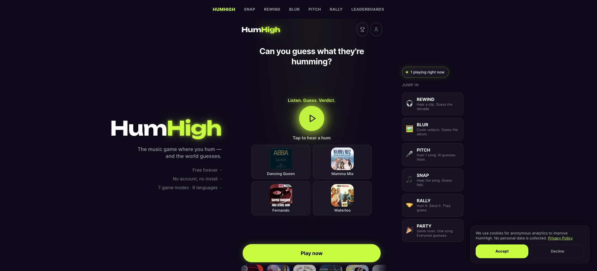 Screenshot of the Hum High game interface