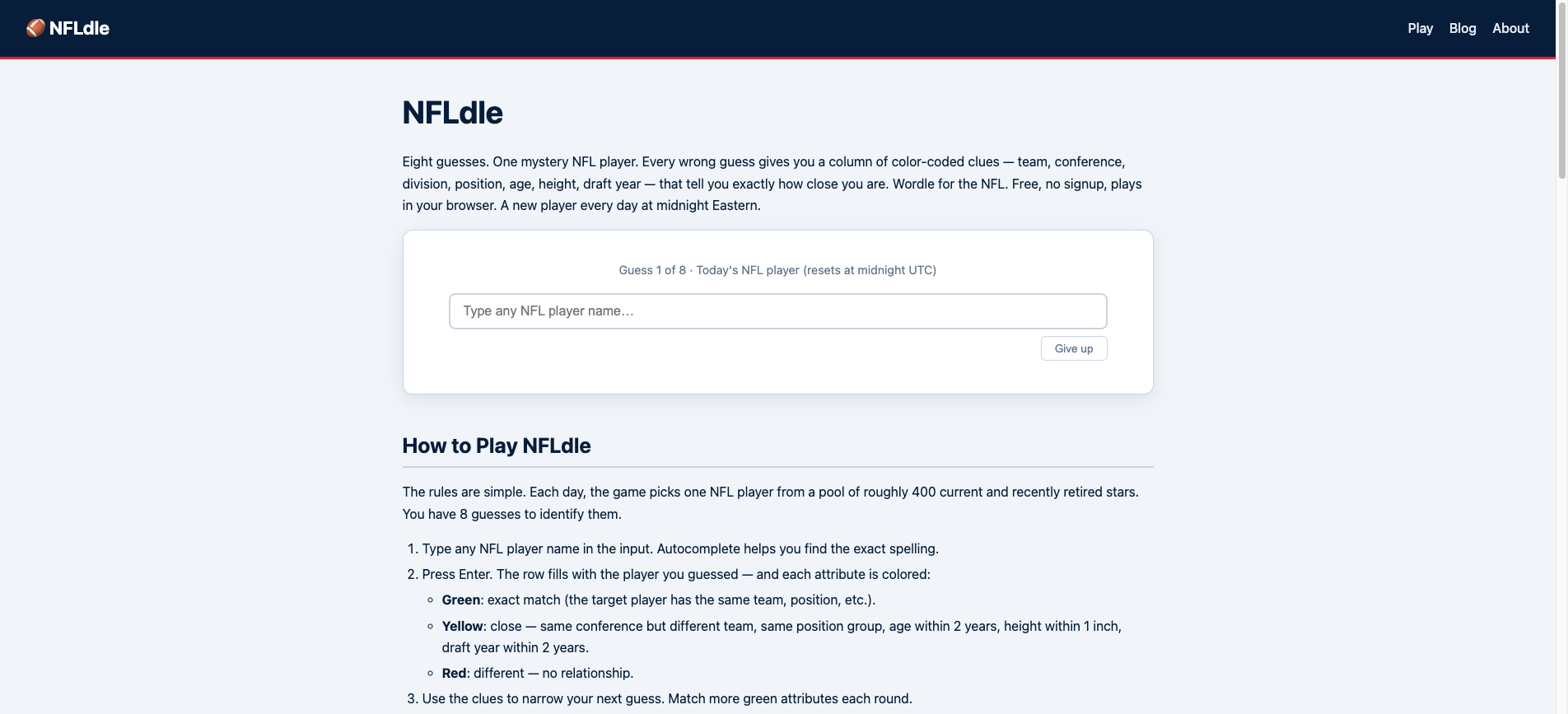 Screenshot of the NFLdle game interface