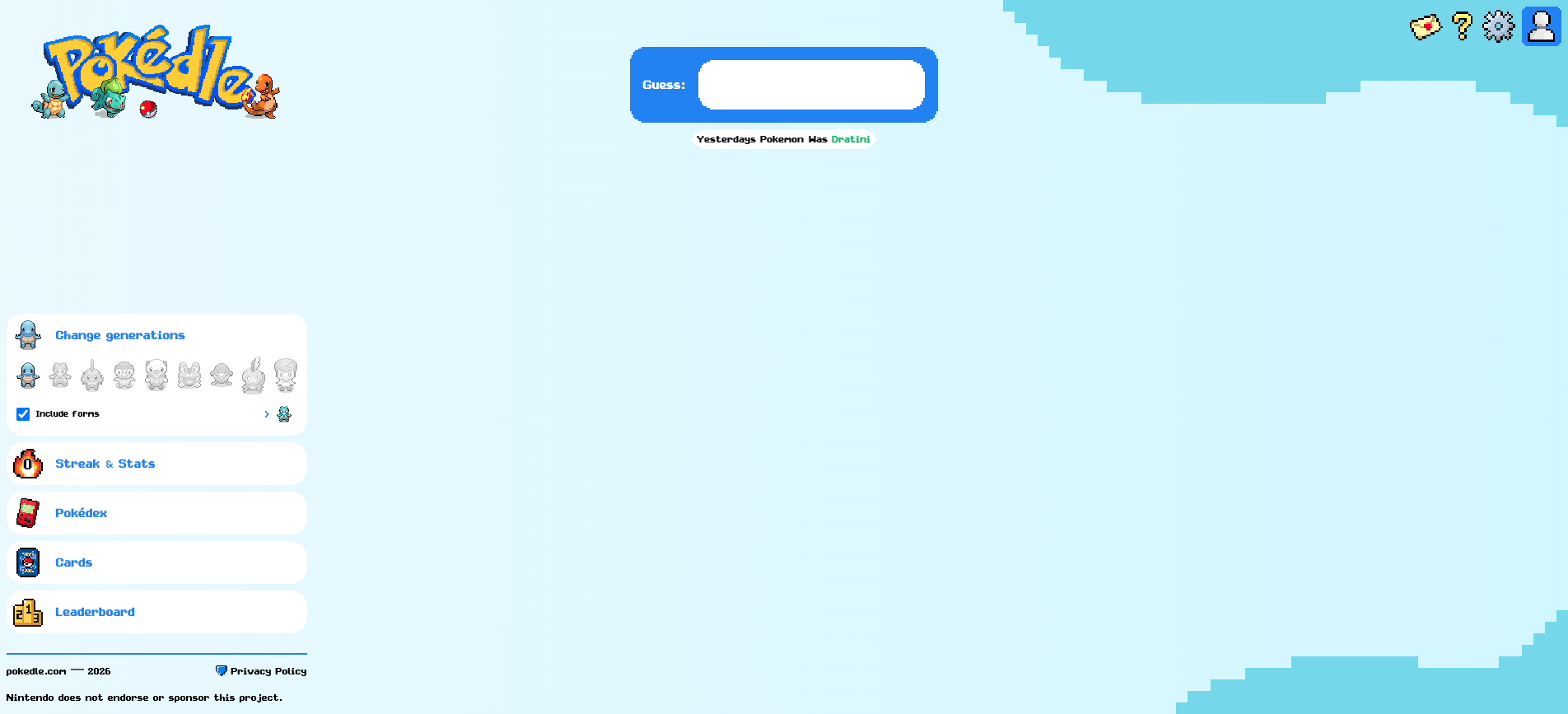 Screenshot of the Pokedle game interface