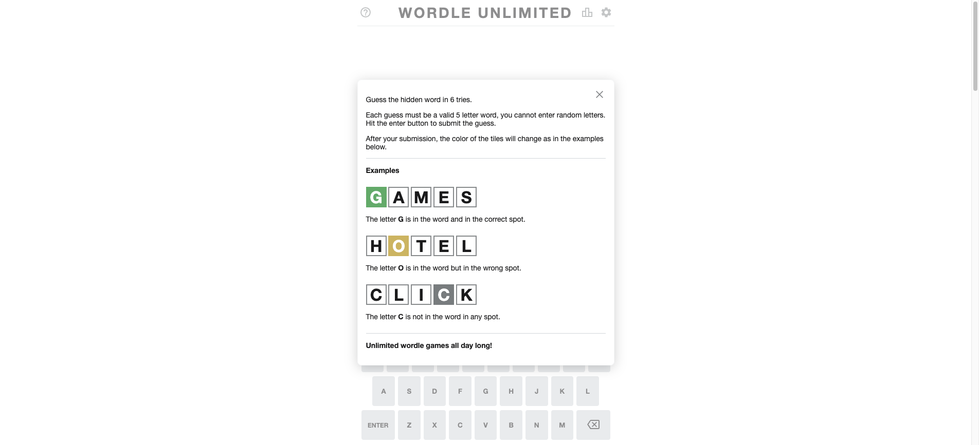 Screenshot of the Wordle Unlimited game interface
